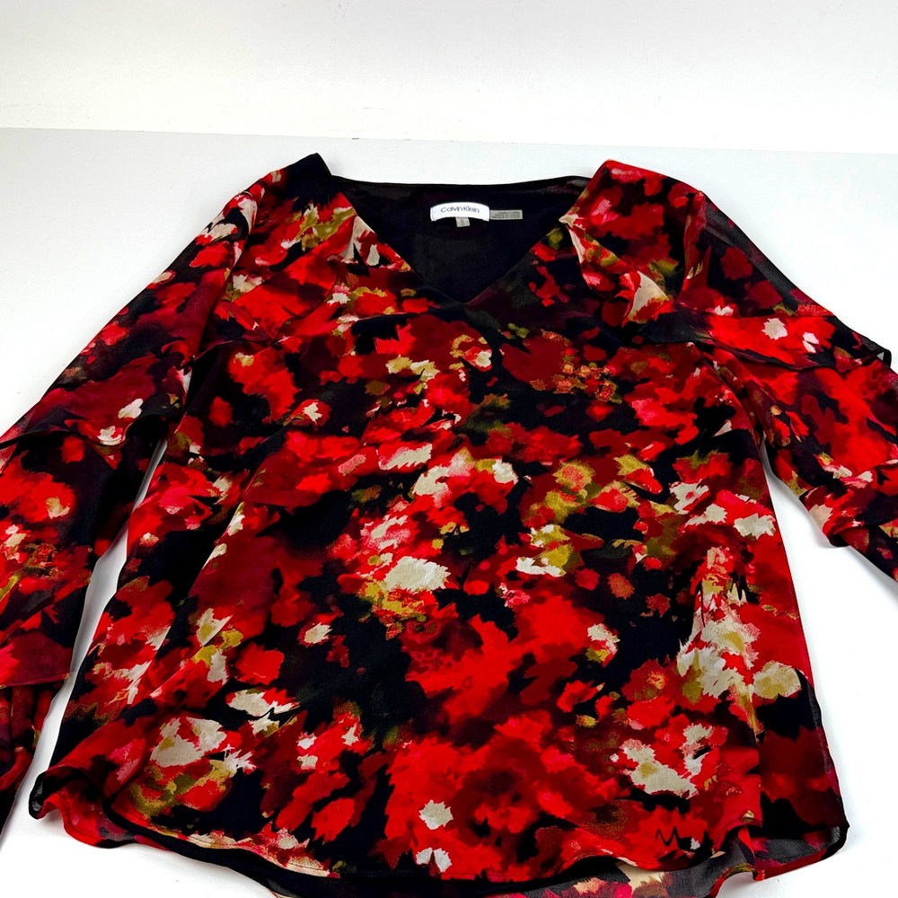 Calvin Klein Red and Black Floral Blouse